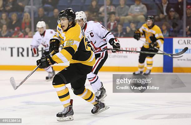 Juho Lammikko of the Kingston Frontenacs calls for the puck during an OHL game against the Niagara IceDogs at the Meridian Centre on October 24, 2015...