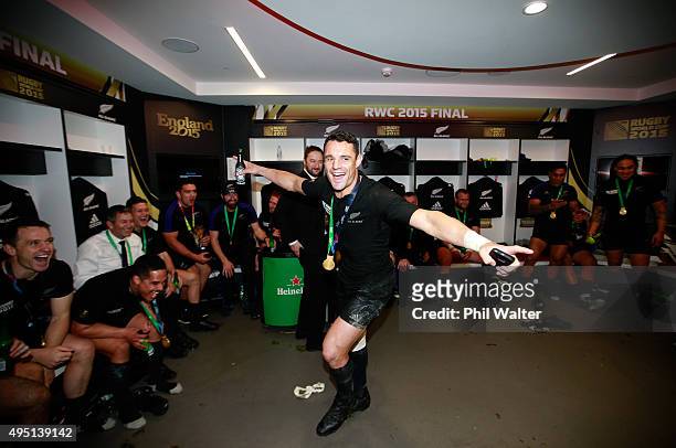 Dan Carter of New Zealand celebrates in the dresing room following victory in the 2015 Rugby World Cup Final match between New Zealand and Australia...