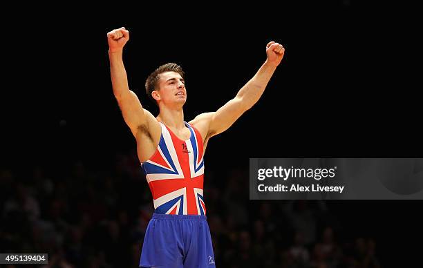 Max Whitlock of Great Britain wins Silver in the Floor Final during day nine of the 2015 World Artistic Gymnastics Championships at The SSE Hydro on...