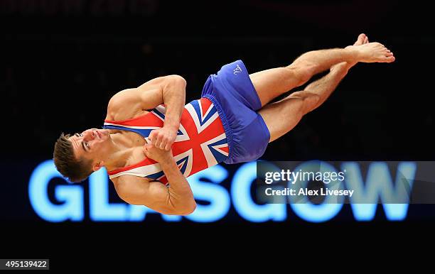 Max Whitlock of Great Britain wins Silver in the Floor Final during day nine of the 2015 World Artistic Gymnastics Championships at The SSE Hydro on...