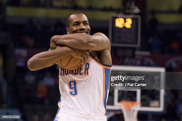 Serge Ibaka of the Oklahoma City Thunder holds on to the basketball during the first quarter of a NBA preseason game against Fenerbahce Ulcer at the...