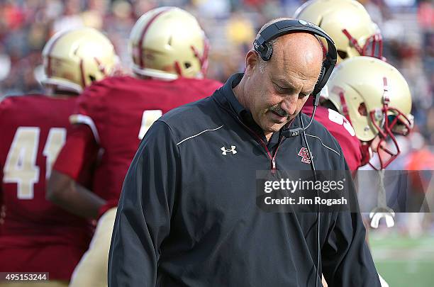 Steve Addazio of the Boston College Eagles reacts in the second half against the Virginia Tech Hokies at Alumni Stadium on October 31, 2015 in...
