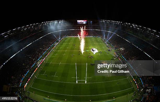 Fireworks are set off as New Zealand celebrate victory in the 2015 Rugby World Cup Final match between New Zealand and Australia at Twickenham...