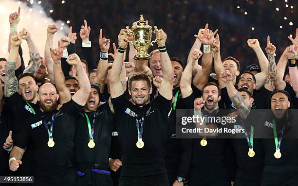 Richie McCaw of New Zealand lifts the Webb Ellis Cup following victory in the 2015 Rugby World Cup Final match between New Zealand and Australia at...