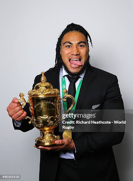 Ma'a Nonu of the New Zealand All Blacks poses with the Webb Ellis Cup after the 2015 Rugby World Cup Final match between New Zealand and Australia at...