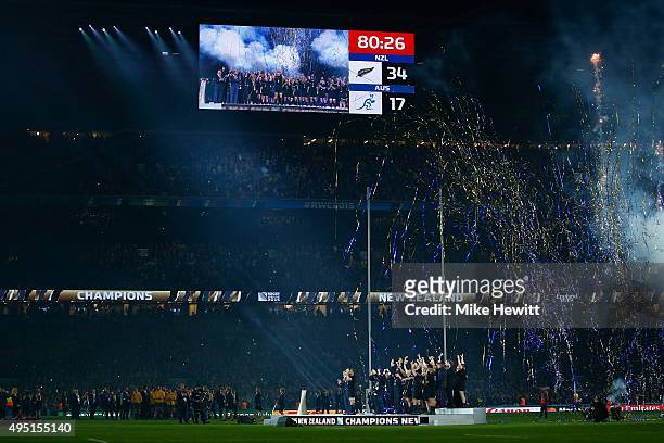New Zealand celebrate as they lift the Webb Ellis Cup following the 2015 Rugby World Cup Final match between New Zealand and Australia at Twickenham...
