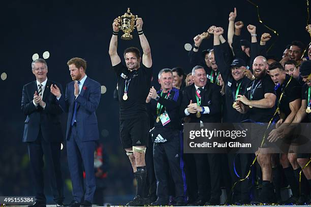 Richie McCaw of New Zealand lifts the Webb Ellis Cup following victory in the 2015 Rugby World Cup Final match between New Zealand and Australia at...