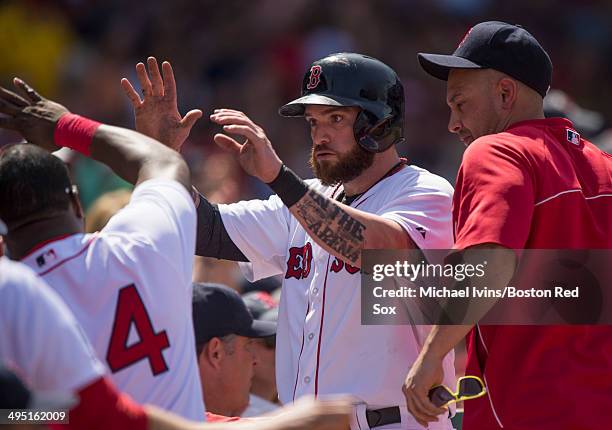 Jonny Gomes of the Boston Red Sox is congratulated after scoring against the Tampa Bay Rays in the third inning at Fenway Park on June 1, 2014 in...