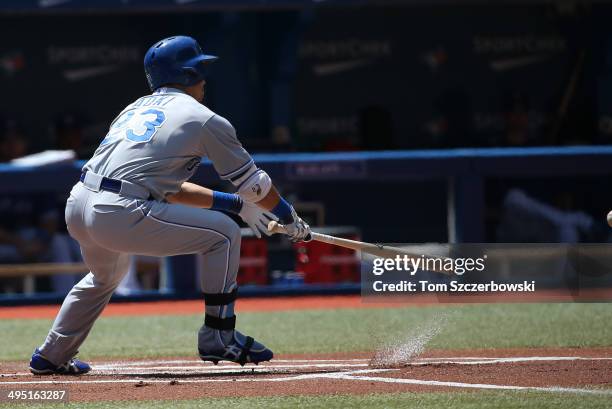 Norichika Aoki of the Kansas City Royals grounds out in the first inning during MLB game action against the Toronto Blue Jays on June 1, 2014 at...