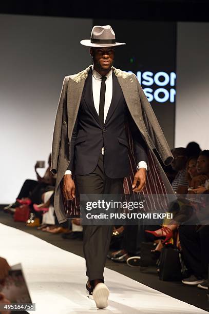 Model presents creations designed by Johnson Johnson during the Lagos Fashion and Design Week, on October 31, 2015. The yearly Lagos Fashion and...