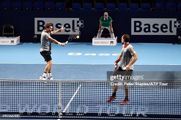 Alexander Peya of Austria and Bruno Soares of Brazil in action in their semi-finals win against Jean-Julien Rojer of Netherlands and Horia Tecau of...