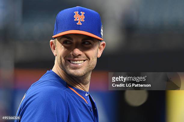 David Wright of the New York Mets smiles during batting practice ahead of Game 4 of the 2015 World Series against the Kansas City Royals at Citi...