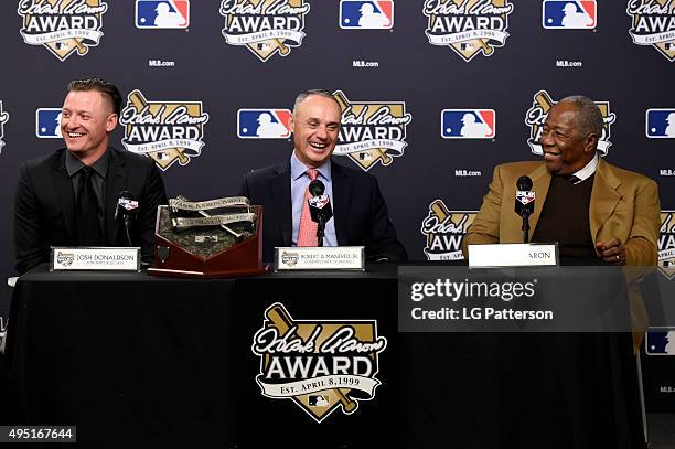 Hank Aarron Award Winner Josh Donaldson of the Toronto Blue Jays, Major League Baseball Commissioner Robert D. Manfred Jr. And Hall of Famer Hank...