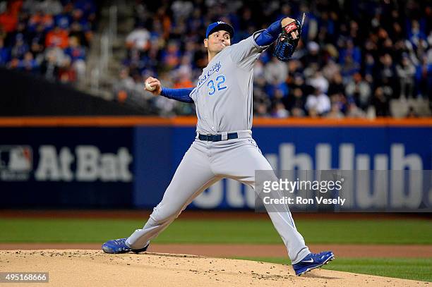 Chris Young of the Kansas City Royals pitches in the first inning against the New York Mets during Game 4 of the 2015 World Series at Citi Field on...
