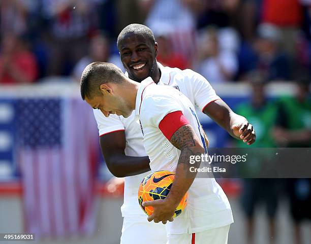 Clint Dempsey of the United States is congratulated by teammate Jozy Altidore after Dempsey scored in the second half against Turkey during an...