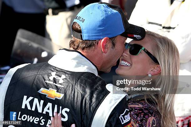 Chad Knaus, crew chief of the Lowe's/Kobalt Tools Chevrolet, celebrates with girlfriend Brooke Werner in Victory Lane after winning the NASCAR Sprint...