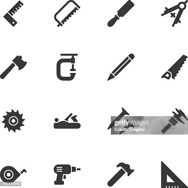 ilustraciones, imágenes clip art, dibujos animados e iconos de stock de carpintería iconos de herramientas estándar - hammer and nail