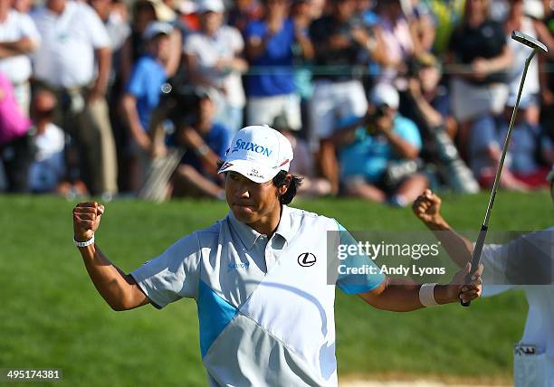 Hideki Matsuyama of Japan celebrates after winning the Memorial Tournament presented by Nationwide Insurance in a playoff with Kevin Na at Muirfield...