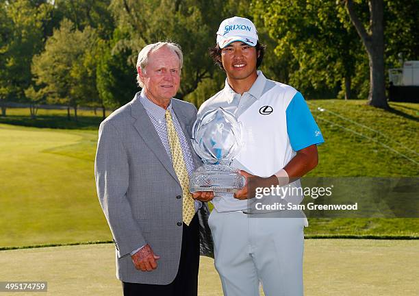 Hideki Matsuyama of Japan and Jack Nicklaus pose with the trophy after the Memorial Tournament presented by Nationwide Insurance at Muirfield Village...