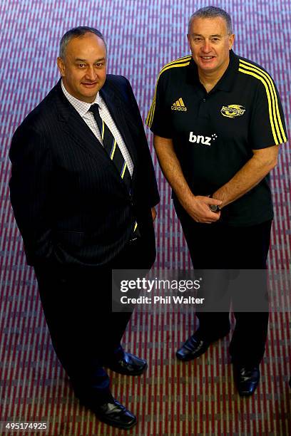 Chris Boyd and Hurricanes chief executive James Te Puni pose for a portrait after Chris Boyd was named as the Hurricanes Head Coach for 2015 at the...