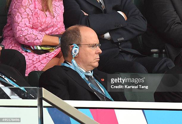 Prince Albert II of Monaco attends the Rugby World Cup Final match between New Zealand and Australia during the Rugby World Cup 2015 at Twickenham...