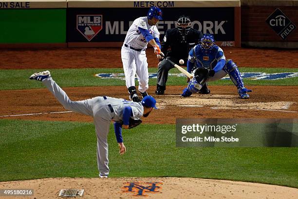Michael Conforto of the New York Mets hits a a solo home run in the fifth inning against Danny Duffy of the Kansas City Royals during Game Four of...