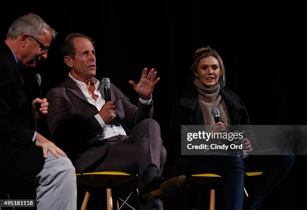 Professor Chris Auer, Director Marc Abraham and Actress Elizabeth Olsen speak on stage during Q&A for "I Saw The Light" at Trustees Theater during...