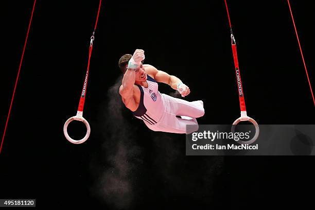 Eleftherios Petrounias of Greece competes on the Rings during day nine of World Artistic Gymnastics Championships at The SSE Hydro on October 31,...