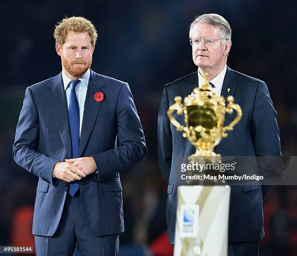 Prince Harry and Bernard Lapasset, Chairman of World Rugby attend the 2015 Rugby World Cup Final match between New Zealand and Australia at...
