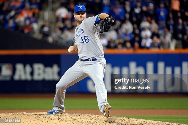 Ryan Madson of the Kansas City Royals pitches against the New York Mets during Game 4 of the 2015 World Series at Citi Field on Saturday, October 31,...