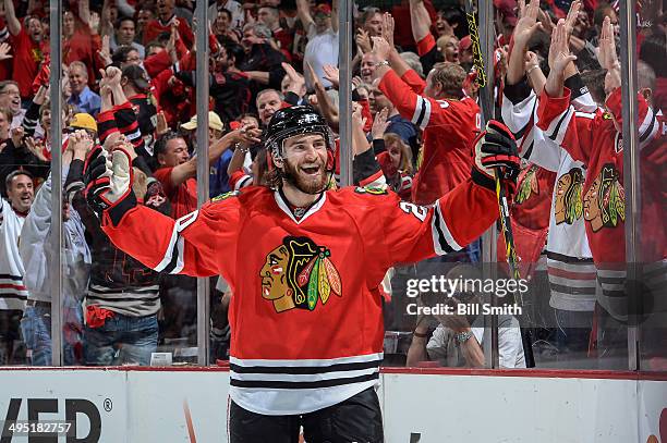 Brandon Saad of the Chicago Blackhawks reacts after scoring against the Los Angeles Kings in the first period in Game Seven of the Western Conference...