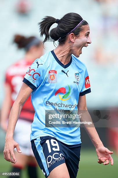 Leena Khamis of Sydney FC celebrates scoring a goal during the round three W-League match between the Western Sydney Wanderers and Sydney FC at...