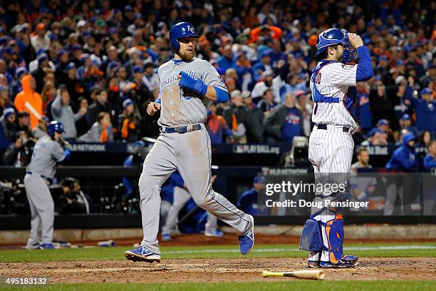 Ben Zobrist of the Kansas City Royals scores in the eighth inning against the New York Mets during Game Four of the 2015 World Series at Citi Field...