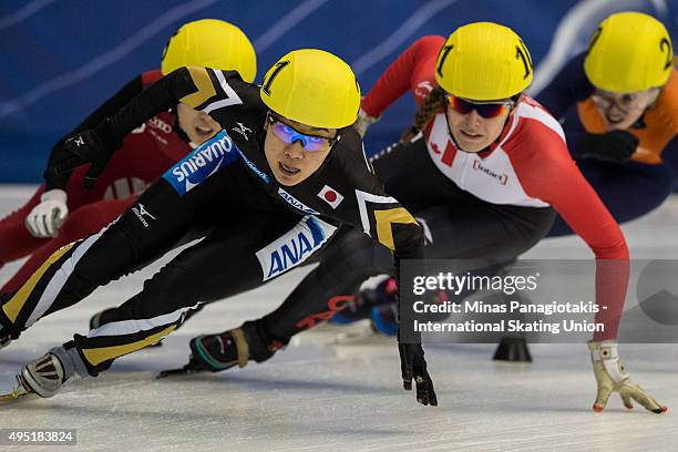 Yui Sakai of Japan competes on Day 1 of the ISU World Cup Short Track Speed Skating competition at Maurice-Richard Arena on October 31, 2015 in...