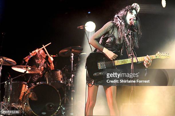 Ellie Rowsell and Joel Amey of Wolf Alice perform at Vevo Halloween party at Victoria Warehouse on October 31, 2015 in Manchester, England.