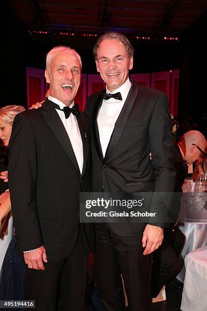 Matthias Mueller, CEO Volkswagen AG , formerly Porsche and Oliver Blume, new CEO Porsche AG during the Leipzig Opera Ball 2015 on October 31, 2015 in...