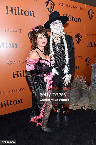 Adam Lambert and Leila Lambert arrive at his Ghost Town Halloween Party hosted by Hilton@PLAY at The Beverly Hilton on October 31, 2015 in Beverly...