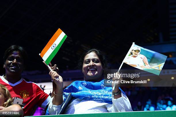 Fan of Sania Mirza of India prior to playing her doubles final match with Martina Hingis of Switzerland against Carla Suarez Navarro and Garbine...