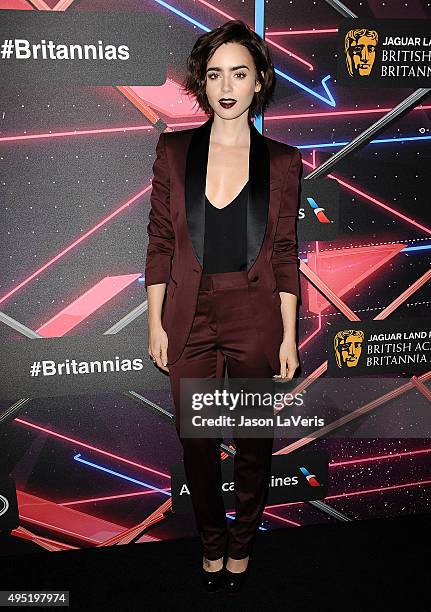 Actress Lily Collins attends the 2015 British Academy Britannia Awards at The Beverly Hilton Hotel on October 30, 2015 in Beverly Hills, California.