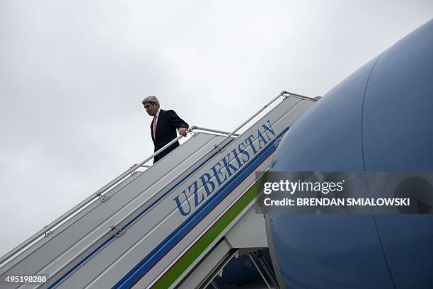 Secretary of State John Kerry arrives at Samarkand Airport on November 1, 2015 in Samarkand. Kerry is in the region as he visits 5 Central Asian...