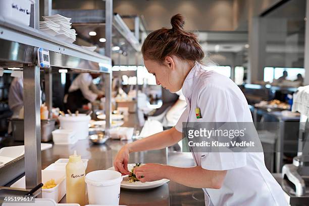 chef preparing dish in kitchen at restaurant - köchin stock-fotos und bilder
