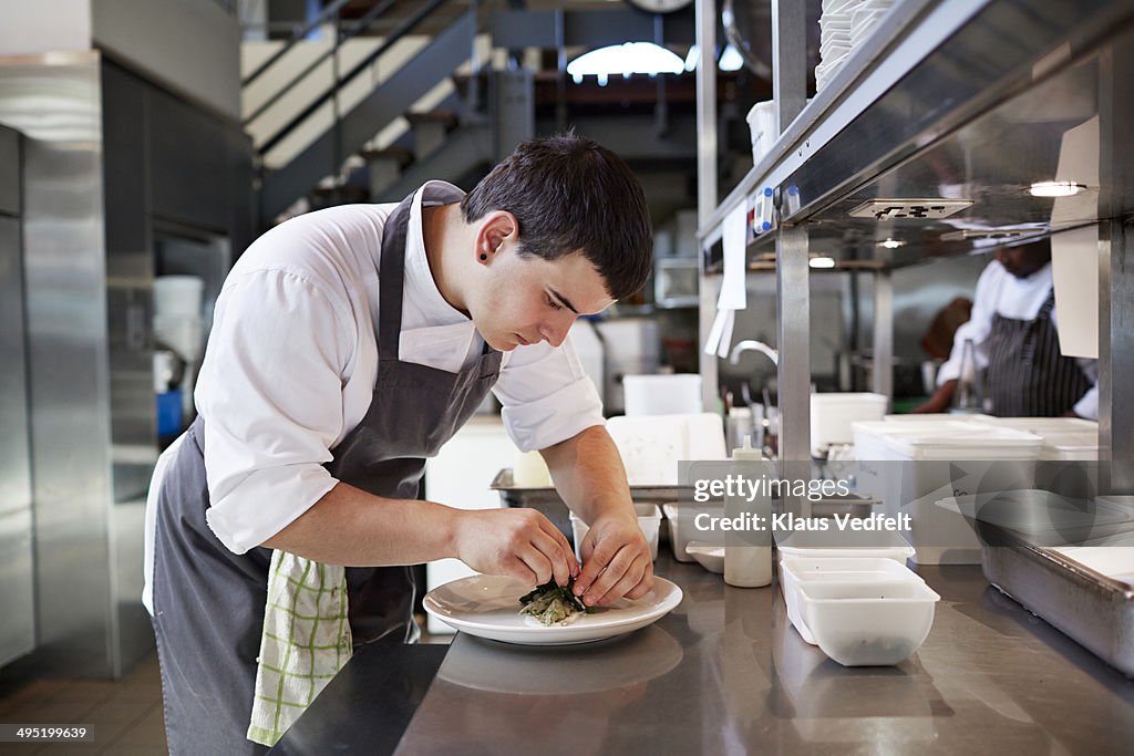 Male chef preparing dish at high-end restaurant