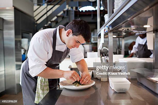 male chef preparing dish at high-end restaurant - food plating stock-fotos und bilder