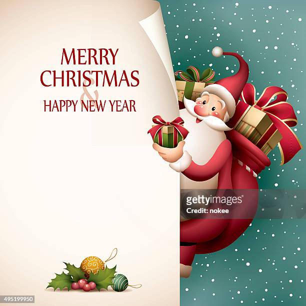 santa claus-seite machen - weihnachtskarte stock-grafiken, -clipart, -cartoons und -symbole