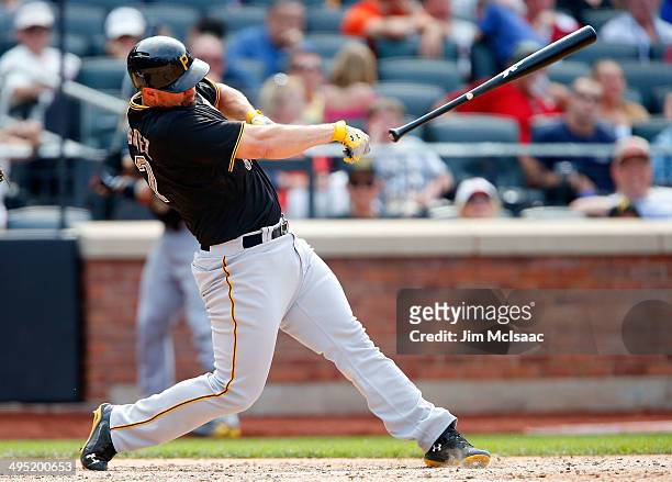 Gaby Sanchez of the Pittsburgh Pirates in action against the New York Mets at Citi Field on May 26, 2014 in the Flushing neighborhood of the Queens...