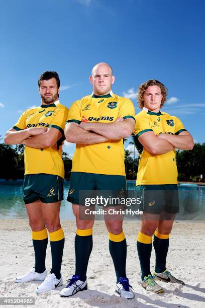 Captain Stephen Moore poses with vice captains Adam Ashley-Cooper and Michael Hooper during the Australian Wallabies captaincy announcement at...