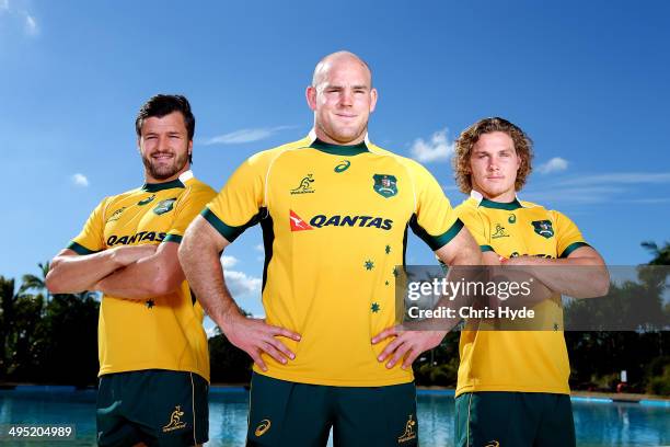 Captain Stephen Moore poses with vice captains Adam Ashley-Cooper and Michael Hooper during the Australian Wallabies captaincy announcement at...