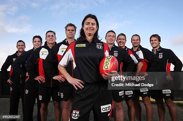 New Saints Development coach Peta Searle, the AFL's first female assistant coach, poses with the coaching team during a St Kilda Saints AFL press...