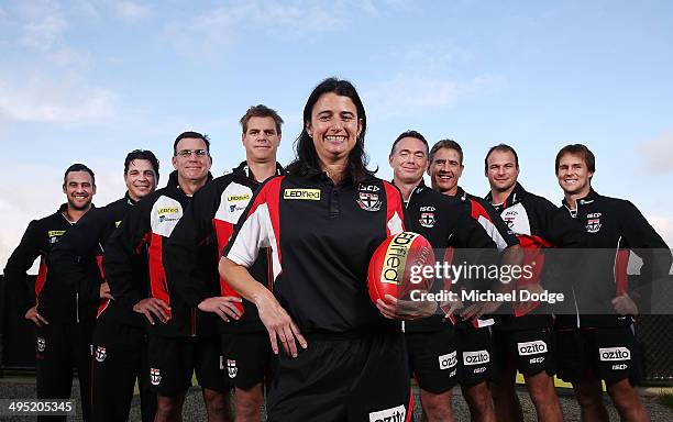 New Saints Development coach Peta Searle, the AFL's first female assistant coach, poses with the coaching team during a St Kilda Saints AFL press...
