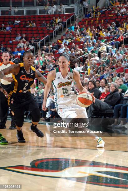 Sue Bird of the Seattle Storm handles the ball against the Tulsa Shock during the game on June 1,2014 at Key Arena in Seattle, Washington. NOTE TO...